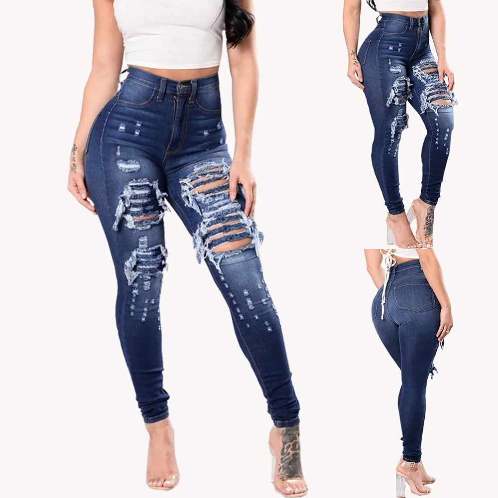 high waisted blue ripped jeans