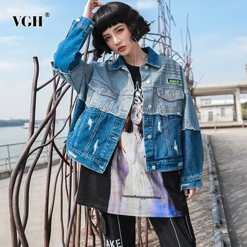 VGH Elegant Patchwork Women Jakcets Lapel Collar Long Sleeve Embroidery Asymmteircal Hit Color Ripped Hole Denim Coat Female New 
VGH Elegant Patchwork Women Jakcets Lapel Collar Long Sleeve Embroidery Asymmteircal Hit Color Ripped Hole Denim Coat Female New