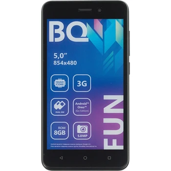 Smart Phone BQ Fun 5002G 8 GB 512 MB black 3G 2Sim 5 "TN 480x854 And8.1 5Mpix 802.11bgn GPS
Smart Phone BQ Fun 5002G 8 GB 512 MB black 3G 2Sim 5 "TN 480x854 And8.1 5Mpix 802.11bgn GPS
