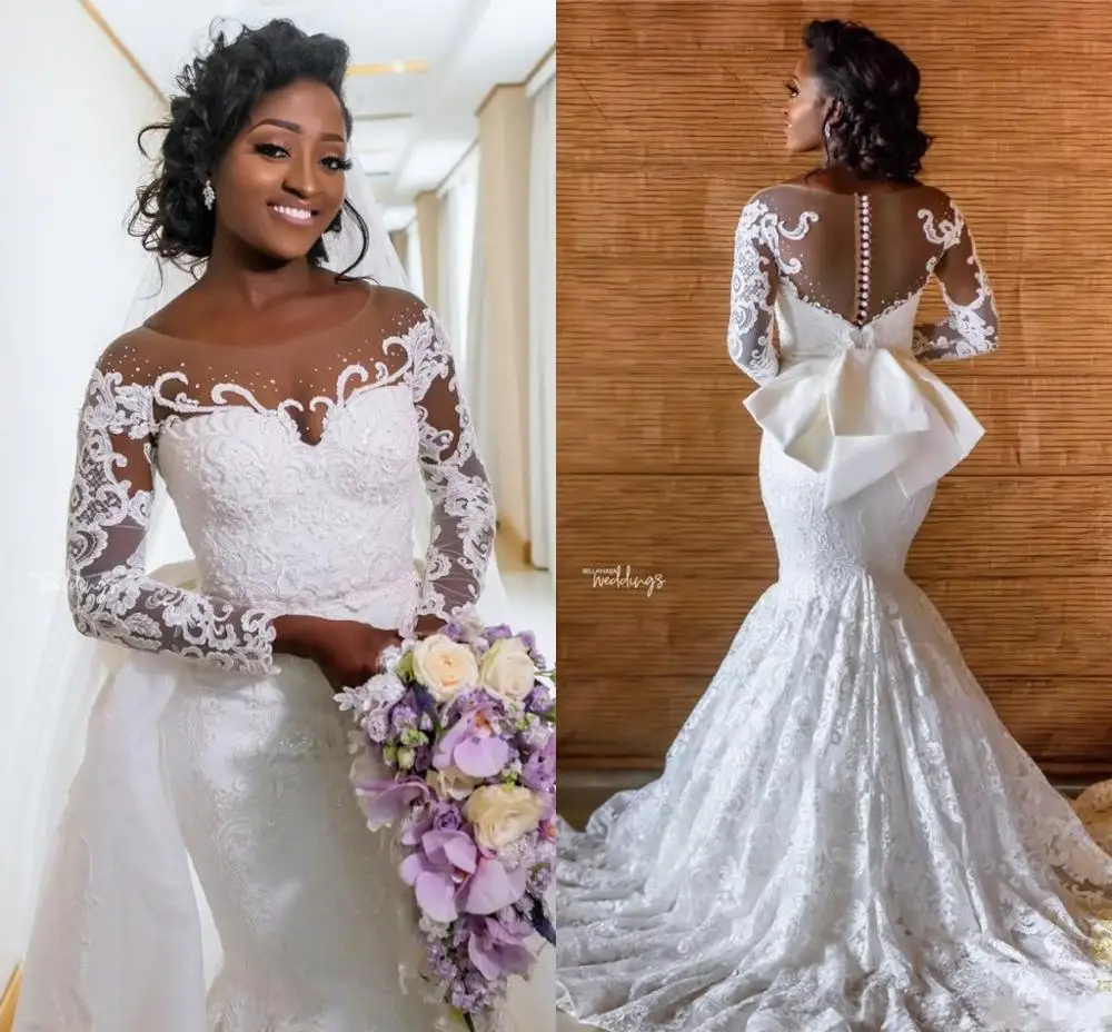 Vintage African Long Sleeves Mermaid Wedding Dress With Detachable Train Luxury Off Shoulder Lace Applique Plus Size Bridal Gown
Vintage African Long Sleeves Mermaid Wedding Dress With Detachable Train Luxury Off Shoulder Lace Applique Plus Size Bridal Gown