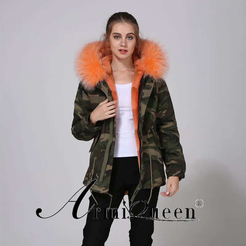 Фото Ready Sale Brand New Design Trend Soldier Style Women Fake Fur Camouflage Winter Coat With Orange Cap | Женская одежда