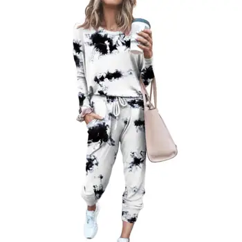 

2Pcs Women Tie Dye Jogger Suit Long Sleeve Round Neck Pants Sleepwear Loungewear Homewear Loose Elastic Pajamas Home Clothes