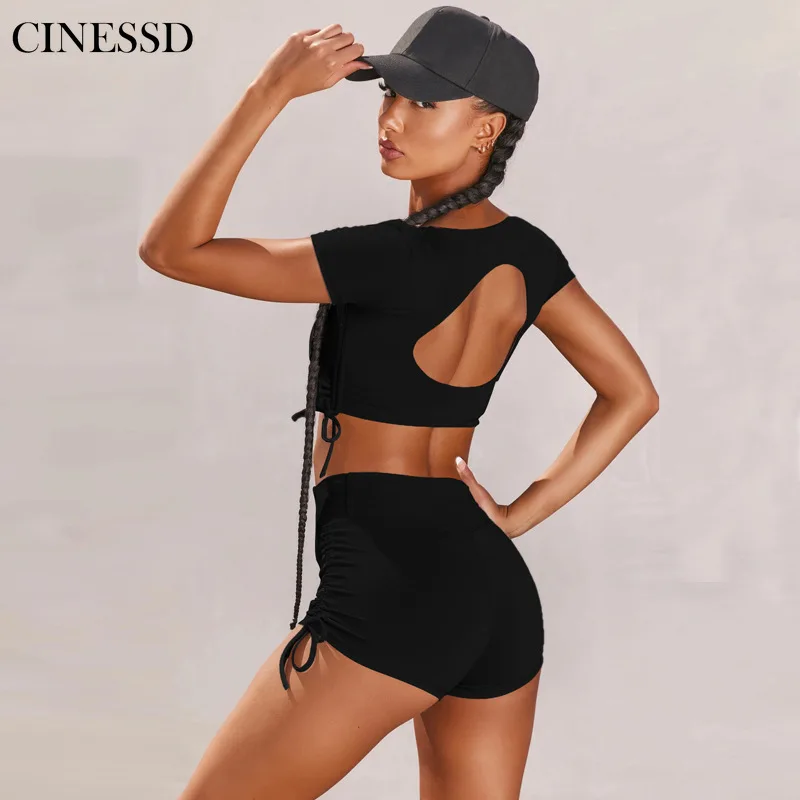 CINESSD 2020 Summer Active Sudadera 2 Pieces Set Women Elastic Crop Top Back Hollow Out Drawstring Shorts Short Pants Tracksuit 
CINESSD 2020 Summer Active Sudadera 2 Pieces Set Women Elastic Crop Top Back Hollow Out Drawstring Shorts Short Pants Tracksuit