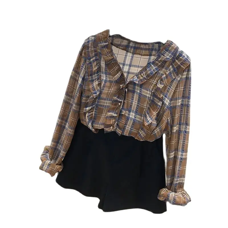 Spring Autumn New Style Lattice Long Sleeves Female Shirt Ruffles V Neck Chiffon Thin Wild Fashion Single-Breasted Women's Tops
Spring Autumn New Style Lattice Long Sleeves Female Shirt Ruffles V Neck Chiffon Thin Wild Fashion Single-Breasted Women's Tops