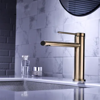 Brass Single Holder Hole Brushed Gold Modern Deck Mounted Hot and Cold Water Mixed Type Bathroom Basin Faucet
Brass Single Holder Hole Brushed Gold Modern Deck Mounted Hot and Cold Water Mixed Type Bathroom Basin Faucet