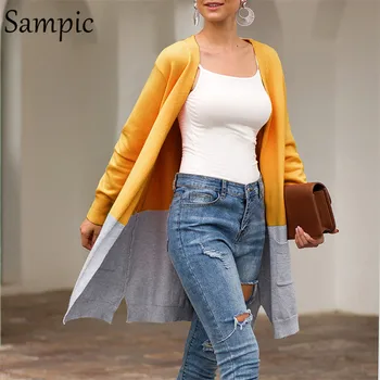 Sampic Long Sleeve Cardigan Women Sweater knitted Pocket Casual Loose Long Cardigans Patchwork Pink Yellow Woman Winter Sweater 
Sampic Long Sleeve Cardigan Women Sweater knitted Pocket Casual Loose Long Cardigans Patchwork Pink Yellow Woman Winter Sweater