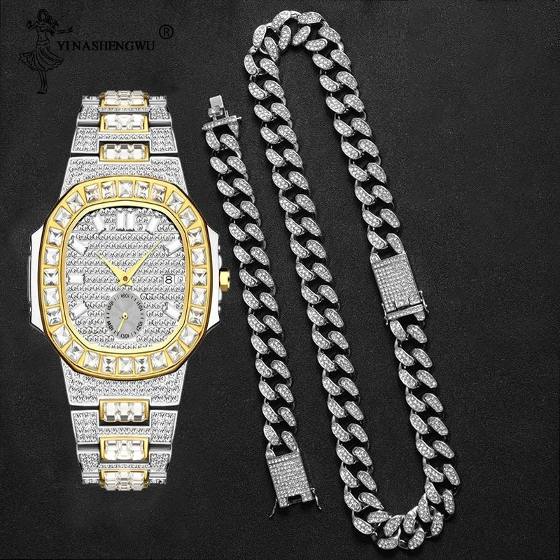 

Necklace+Watch+Bracelet Set Hip Hop Miami Curb Cuban Chain Two Color Iced Out Paved Rhinestones CZ Bling Rapper For Men Jewelry