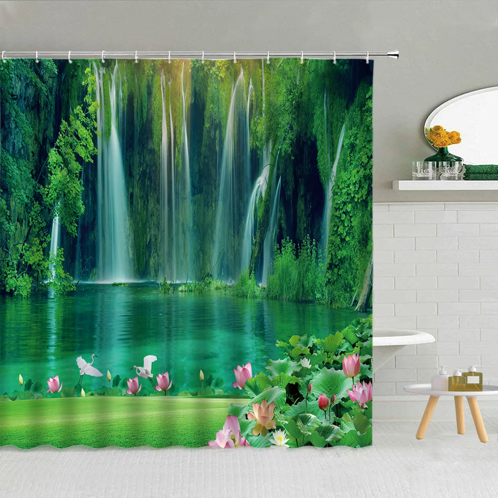 

3D Printing Waterfall River Forest Lotus Landscape Shower Curtain Set Polyester Fabric High Quality Bath Screen With Hook Decor