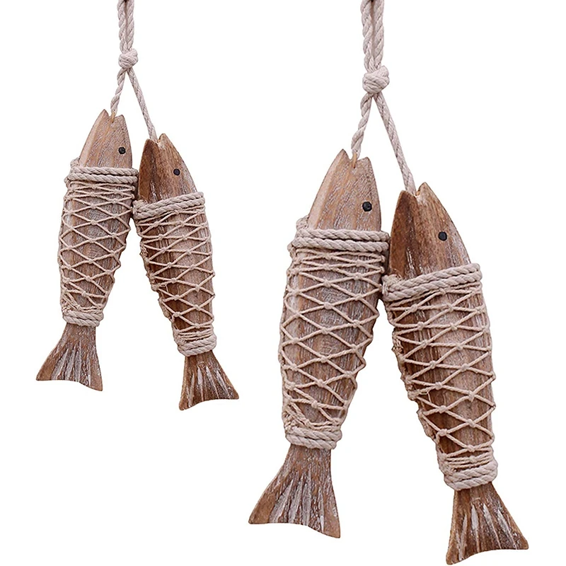 Фото 4 шт. винтажные резные деревянные рыбки с рыболовной сеткой декор ручной работы