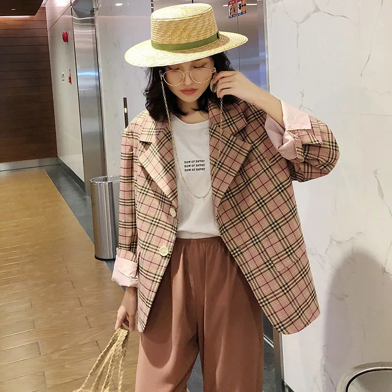 

Hong ga 2019 New Style Online Celebrity Small Suit Coat Women's Korean-style Loose-Fit CHIC Plaid Autumn Clothing Tops