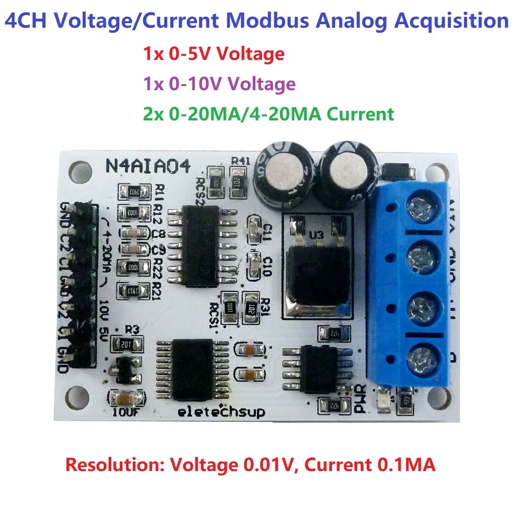 

3X 4-20MA/0-20MA/0-5V/0-10V 4ch Voltage Analog Acquisition RS485 Modbus RTU ADC Module