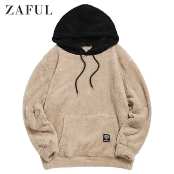 

ZAFUL Winter Colorblock Splicing Faux Fur Fluffy Hoodie For Men Long Sleeve Pullovers Contrast Color Drawstring Tops Casual