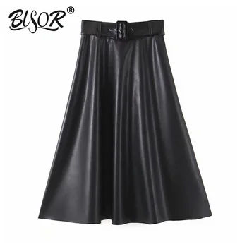 Women chic PU leather black midi skirt bow tie belt side zipper A line female basic casual fashion skirts mujer
Women chic PU leather black midi skirt bow tie belt side zipper A line female basic casual fashion skirts mujer