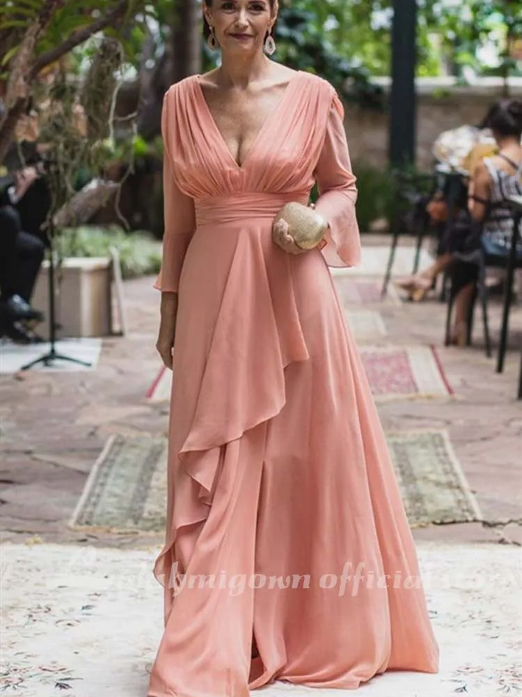 Coral Chiffon Mother of the Bride Dress Mother of Groom Long Sleeve V Neck Floor Length Wedding Party Guest Prom Evening Gown
Coral Chiffon Mother of the Bride Dress Mother of Groom Long Sleeve V Neck Floor Length Wedding Party Guest Prom Evening Gown