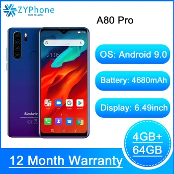 

Blackview A80 Pro Quad Rear Camera Smartphone Octa Core 4GB 64GB Android 9.0 6.49'' Waterdrop 4680mAh Global 4G Mobile Phone New