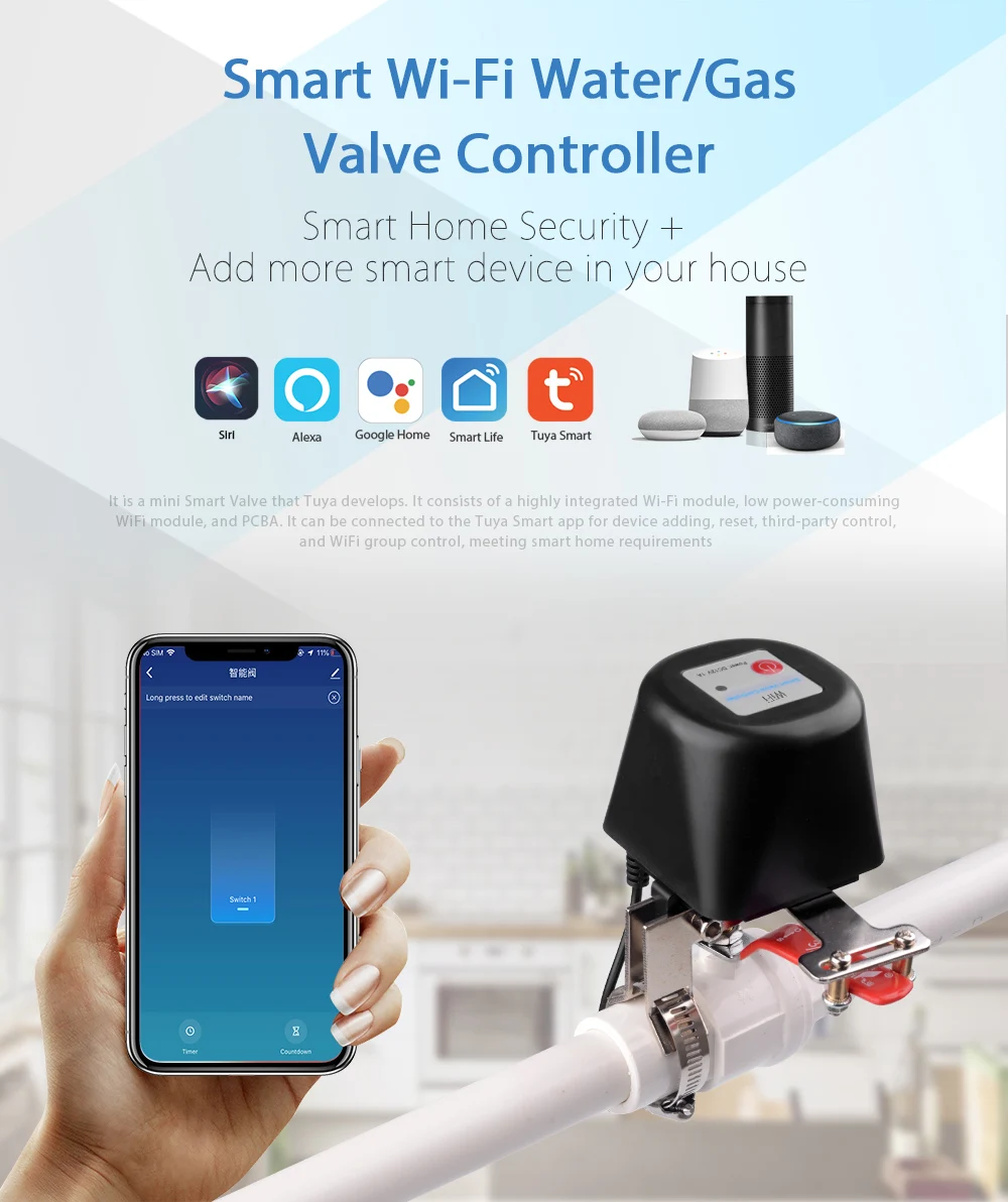 Tuyasmart WIFI remote control Gas Water Valve Home Automation System Valve Voice Control Work With Alexa Echo Google Home
Tuyasmart WIFI remote control Gas Water Valve Home Automation System Valve Voice Control Work With Alexa Echo Google Home
