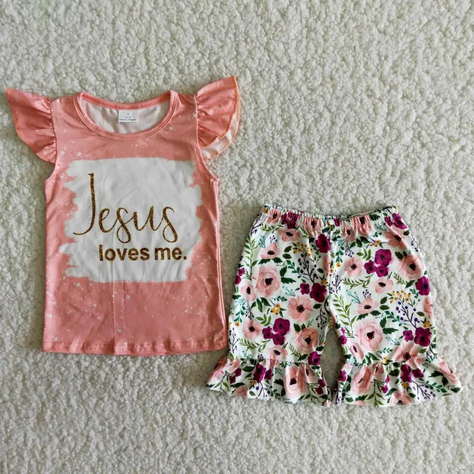 

RTS Floral ruffle shorts baby girls kids clothes summer flutter sleeve tee shirt jesus words children boutique outfits clothing