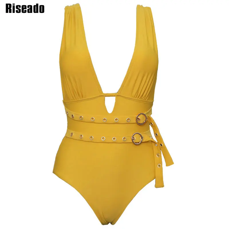 

Riseado Sexy Plunging One Piece Swimsuits 2020 Belted Swimwear Female One-piece Yellow Backless Bathing Suits Women Swim Suit