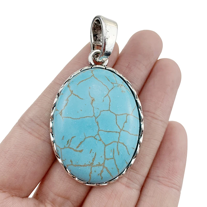 

2 x Antique Silver Color Oval Shape with Faux Turquoise Charms Pendants for DIY Necklace Jewellery Making Accessories 60x33mm