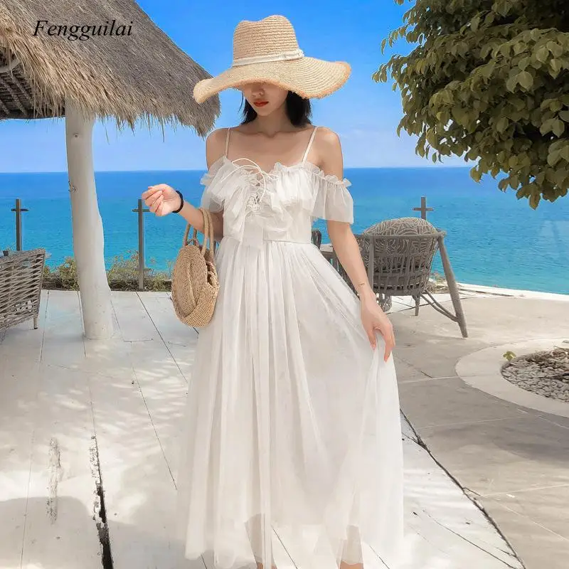 

Elegant Ruffles Mesh Dress High Waist Hip Bohemian Holiday Vestido Slash Neck Off Shoulder Drawstring Ropa Summer