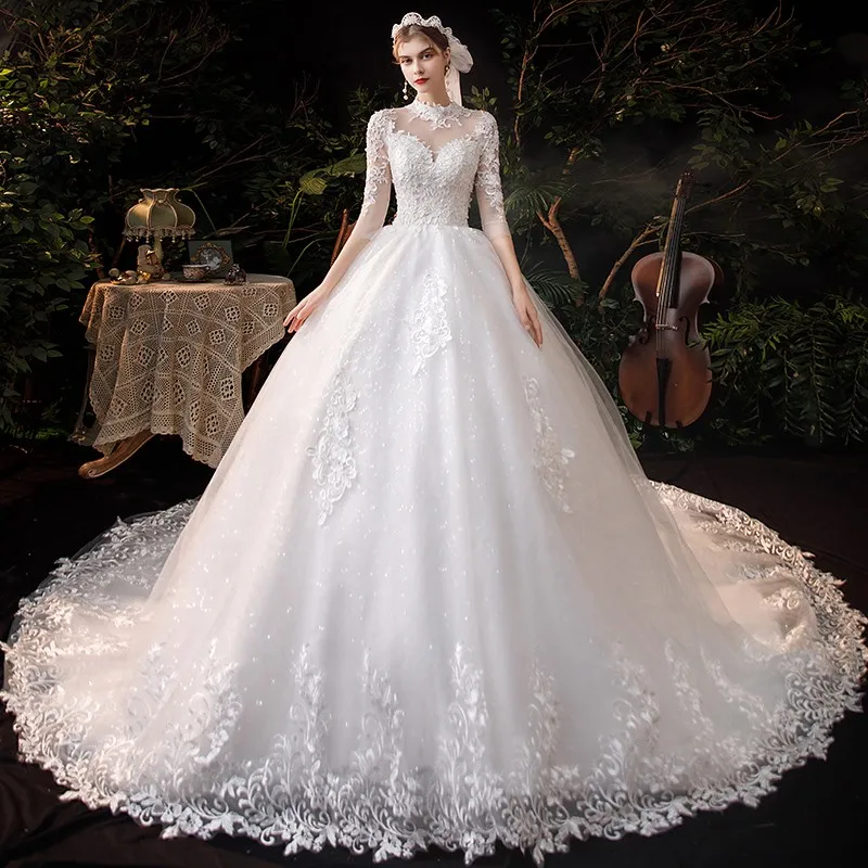 Robe de mariée à manches trois quarts et col haut, robe de Rhlongue, robe de princesse, luxe, traîne, Plus, 1m, 2021 1