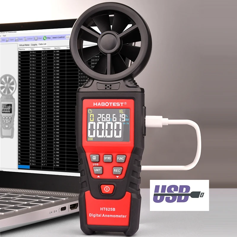 Anemometer HABOTEST Wind Speed Meter HT625B Airometer Wind-gauge Air Temperature Humidity Dew Point Wet Bulb Test USB Connection
Anemometer HABOTEST Wind Speed Meter HT625B Airometer Wind-gauge Air Temperature Humidity Dew Point Wet Bulb Test USB Connection