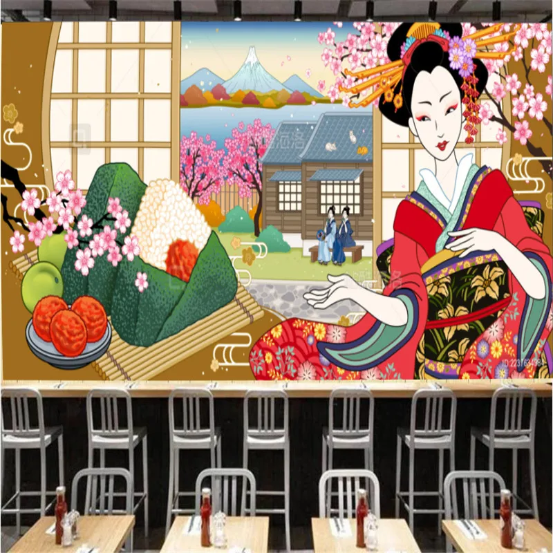 

Plum Rice Ball Beautiful Geisha Wall Papers 3d Japanese Restaurant Background Wallpapers Industrial Decor Mural Papel De Parede