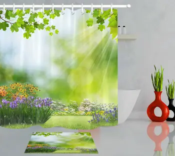 Waterproof Fabric Shower Curtain Set Spring Theme Sunlight Flowers Green Leaves 
Waterproof Fabric Shower Curtain Set Spring Theme Sunlight Flowers Green Leaves