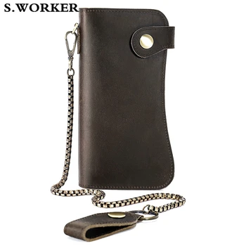 

Men's Vintage Genuine Leather Chain Wallet Bifold Crazy Horse Leather Long Wallet Snap Card Holder Purse Zipper Coin Rfid Pocket