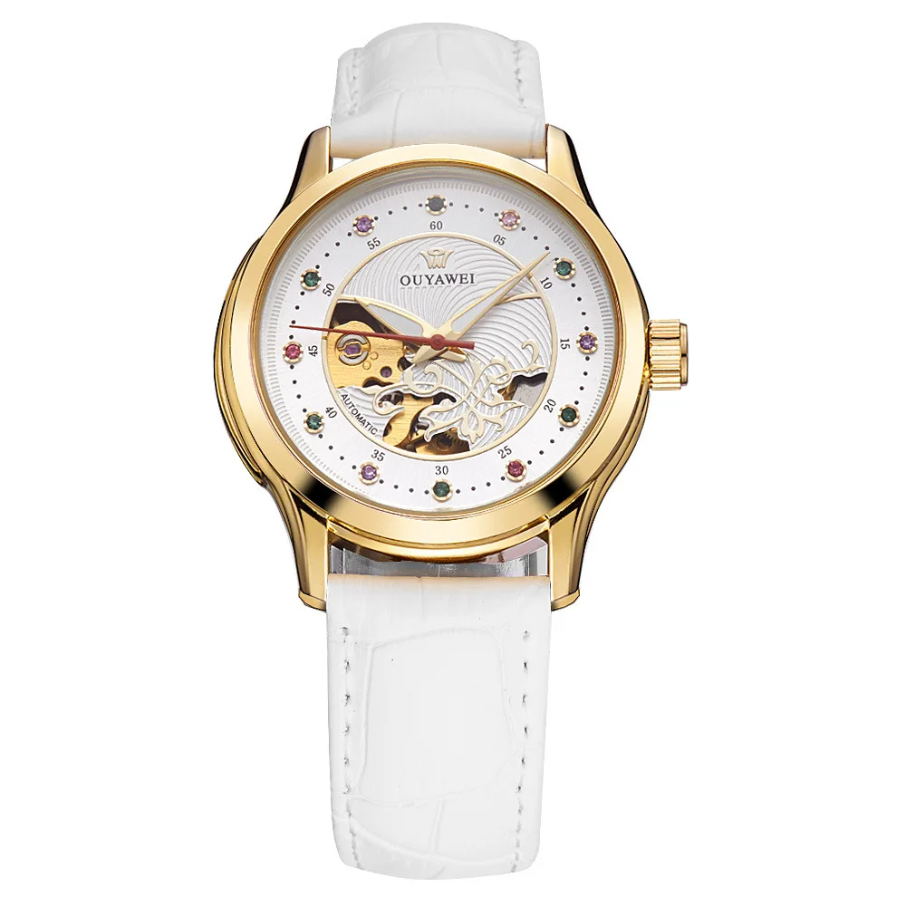 Europe-asia wei ouyawei Fully Automatic Hollow out Waterproof Genuine Leather White Women's Analog Watch