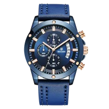 Мужские наручные часы BAGARI модные кварцевые с кожаным ремешком