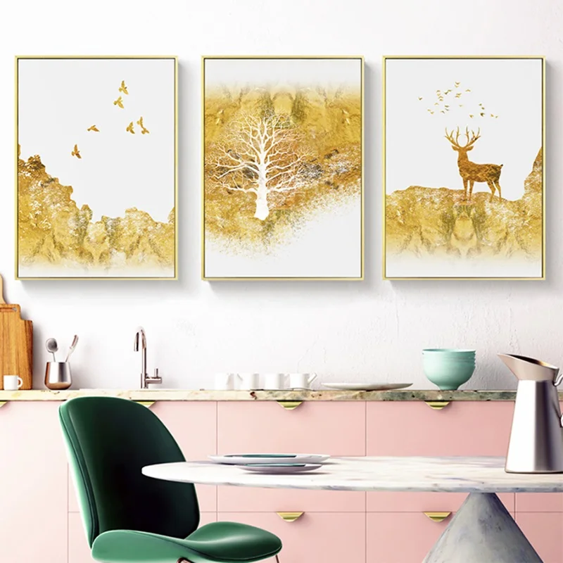 Home Decor Canvas Print Painting Wall Art Gold Tree Abstract Landscape Modular Pictures Bird Deer Nordic Poster For Living Room | Дом и сад