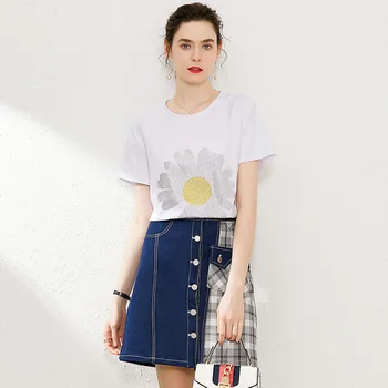 Women's Suits Summer 2020 Fashion Casual Round Neck Short Sleeved 100% Cotton White T-Shirt + Plaid Patchwork Denim Skirt Female 
Women's Suits Summer 2020 Fashion Casual Round Neck Short Sleeved 100% Cotton White T-Shirt + Plaid Patchwork Denim Skirt Female