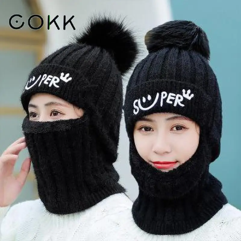

COKK Winter Hats For Women Knitted Cap With Pompom Velvet Thick Warm Ear Protect Beanie Hat Female Bonnets Stretch Hat Windproof