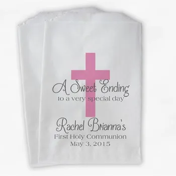 Custom First Communion Favor Bags - Baptism or Religious Party Favor Bags -Pink and Gray Paper Treat Bags 
Custom First Communion Favor Bags - Baptism or Religious Party Favor Bags -Pink and Gray Paper Treat Bags