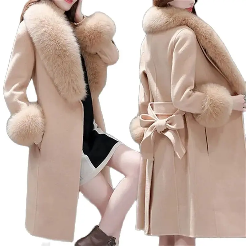 

Women Mid-length Korean Woolen Jacket 2021 Female Autumn Winter New Slim-fitting Lace-up Fur Collar Coat. Detachable Fur Collar