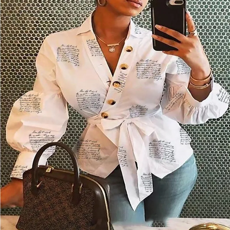 Plus Size Promotion Polyester Button Full Blouse Korean Women's Shirt 2020 New Irregular Letter Printing Tie Waist V-neck Women | Женская