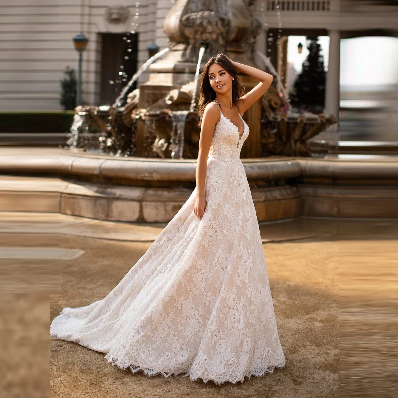 Graceful On Sale A Line Lace Backless Wedding Gowns for Bride Sleeveless Plunge V Neck Bridal Dresses Spaghetti Strap Affordable
Graceful On Sale A Line Lace Backless Wedding Gowns for Bride Sleeveless Plunge V Neck Bridal Dresses Spaghetti Strap Affordable