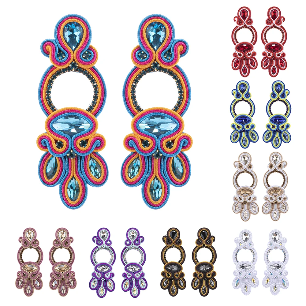 

Soutache Drop Earrings Handmade Ethnic Boho Accessories Women's Large Earring Colorful Crystal Sutasz Jewelry gift New Trendy