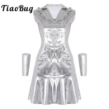 Women Shiny Metallic Stage Performance Hip Hop Jazz Dance Costume Sleeveless Tops with Skirt Wristbands Outfits Street Dancewear 
Women Shiny Metallic Stage Performance Hip Hop Jazz Dance Costume Sleeveless Tops with Skirt Wristbands Outfits Street Dancewear