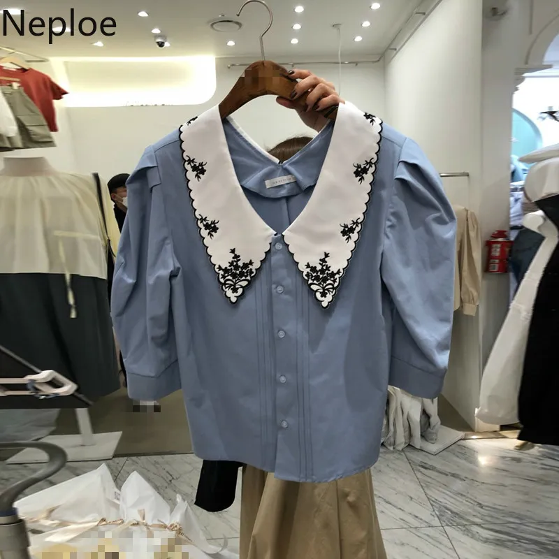 Женская блузка с вышивкой Neploe Весенняя Однотонная рубашка в Корейском стиле