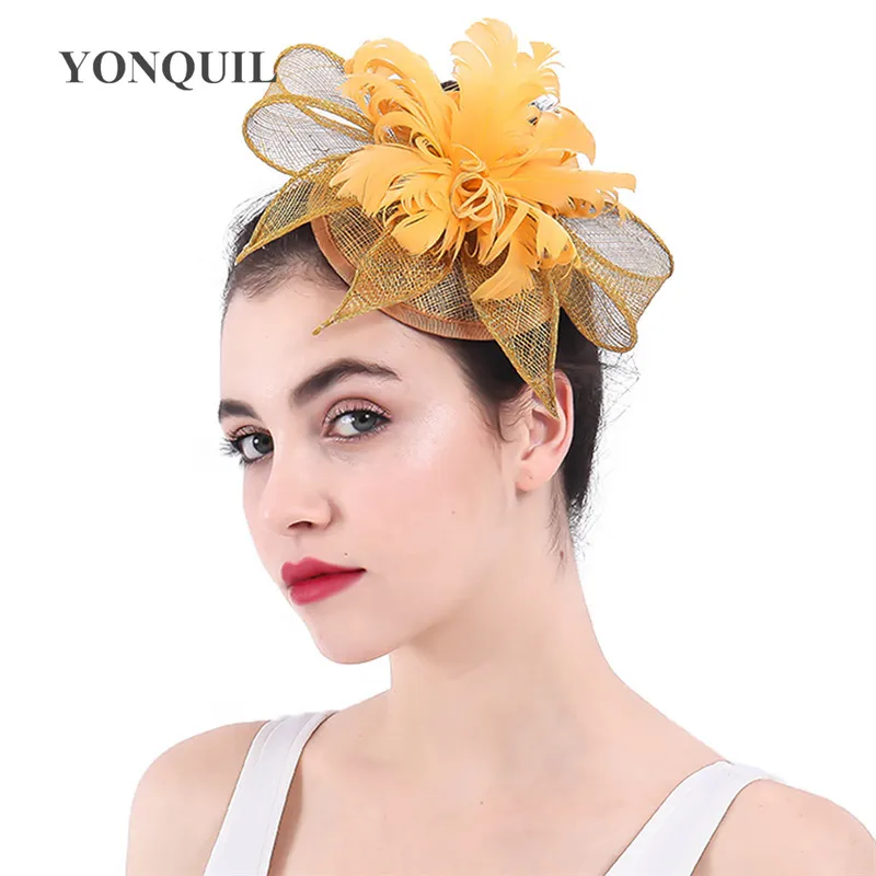 

Gold Or Multiple Colors Sinamay Hats Feather Flower Fascinators For Party Hats Bridal Hair Accessories Cocktail Headwear