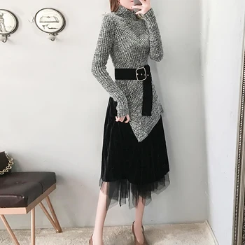 Fashion Autumn Winter 2PCS Sets Elegant Irregualr Belted Sweater Tops + Long Velvet Mesh Skirt Set Two Piece Set Women
Fashion Autumn Winter 2PCS Sets Elegant Irregualr Belted Sweater Tops + Long Velvet Mesh Skirt Set Two Piece Set Women