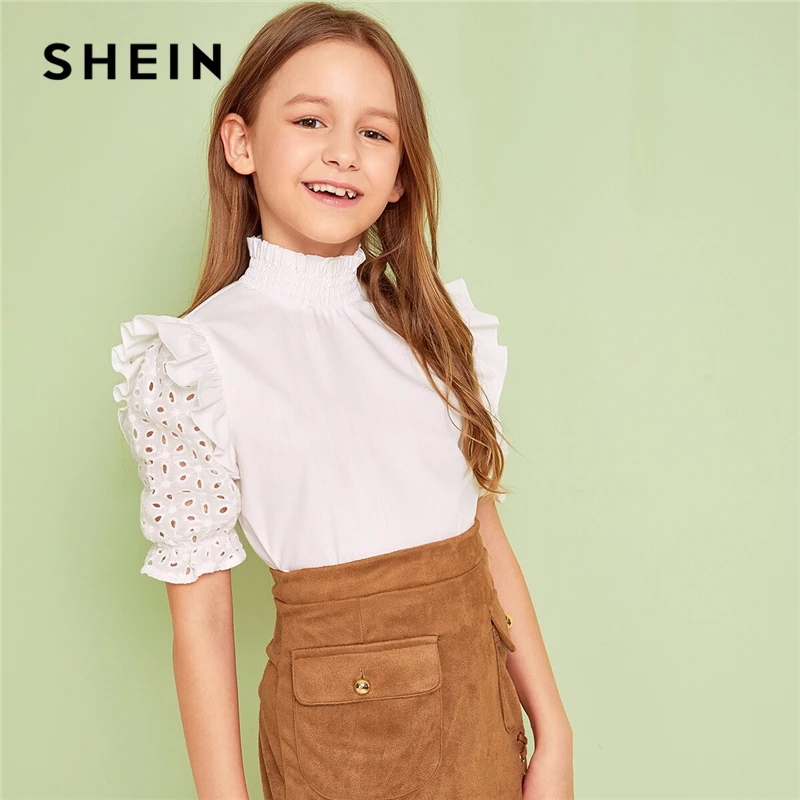 

SHEIN Kiddie White Shirred High Neck Ruffle Girls Cute Blouse 2019 Summer Puff Sleeve Frill Eyelet Embroidery Kids Blouse Tops