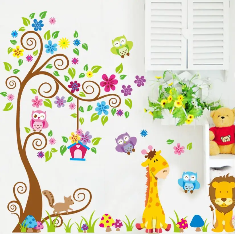Наклейка на стену в виде мультяшных животных леса дерева совы жирафа наклейки