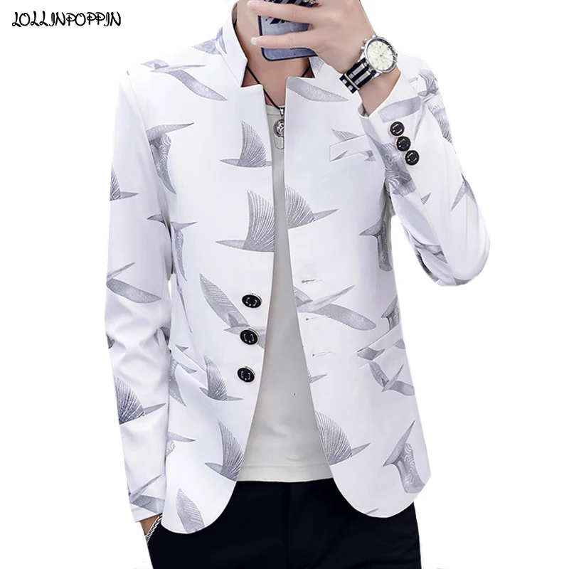 

Chinese Style Men Stand Collar Casual Blazers 2021 New Single Breasted Abstract Seabirds Print Suit Jacket White / Black / Blue
