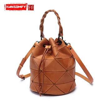 Genuine Leather Women Bag Vegetable Suede Stitching Bucket Bag Retro Female Handmade Leather Handbags Small Messenger Bag 
Genuine Leather Women Bag Vegetable Suede Stitching Bucket Bag Retro Female Handmade Leather Handbags Small Messenger Bag