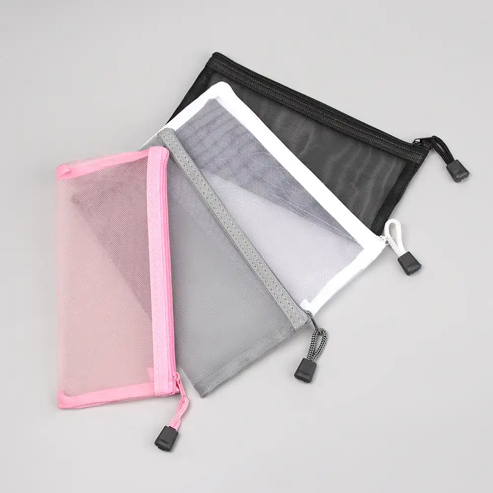 transparent mesh cosmetic storage bag makeup zipper stationery