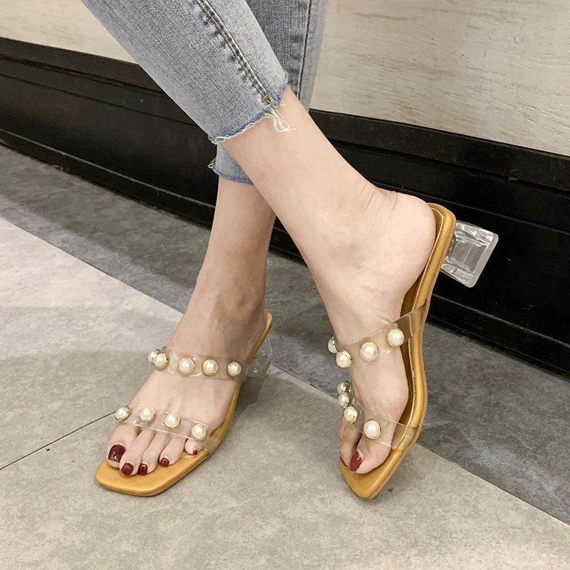 

Nice Pearl Women Slippers High Heels Slippers Sexy Peep Toe Transparent Party Shoes Woman Summer Slip on Beach Mules Slides