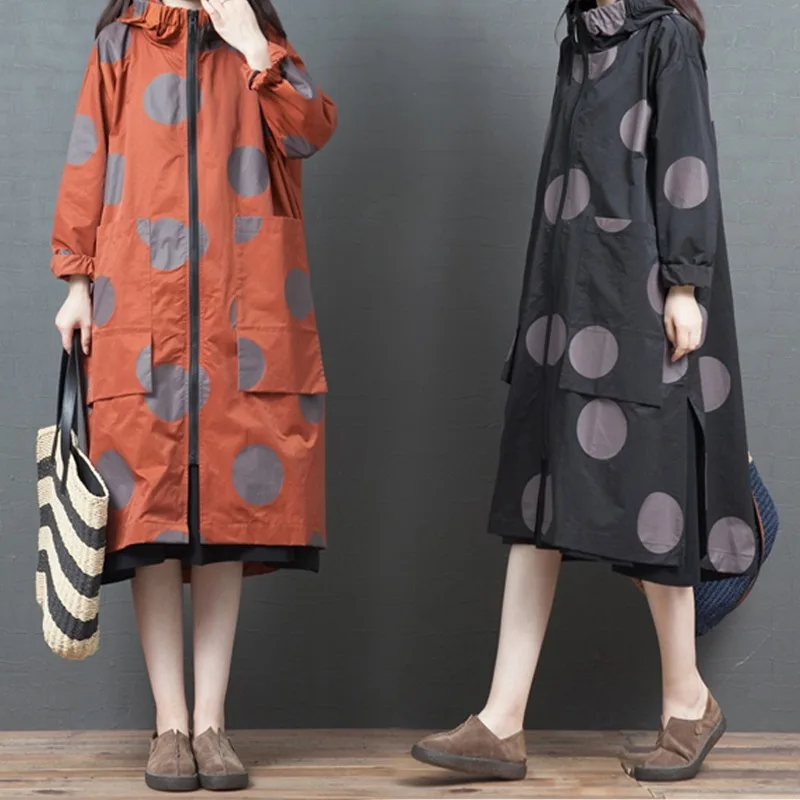 Loose Plus Size Trench Coat Women's Spring Autumn Printing Mid-Length Hooded Dot Zipper Design Female Skirt Type Windbreaker Z76
Loose Plus Size Trench Coat Women's Spring Autumn Printing Mid-Length Hooded Dot Zipper Design Female Skirt Type Windbreaker Z76